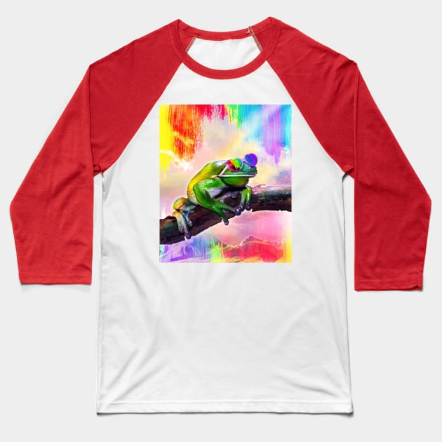 Rainbow Frog Wearing Love Heart Glasses Baseball T-Shirt by Random Galaxy